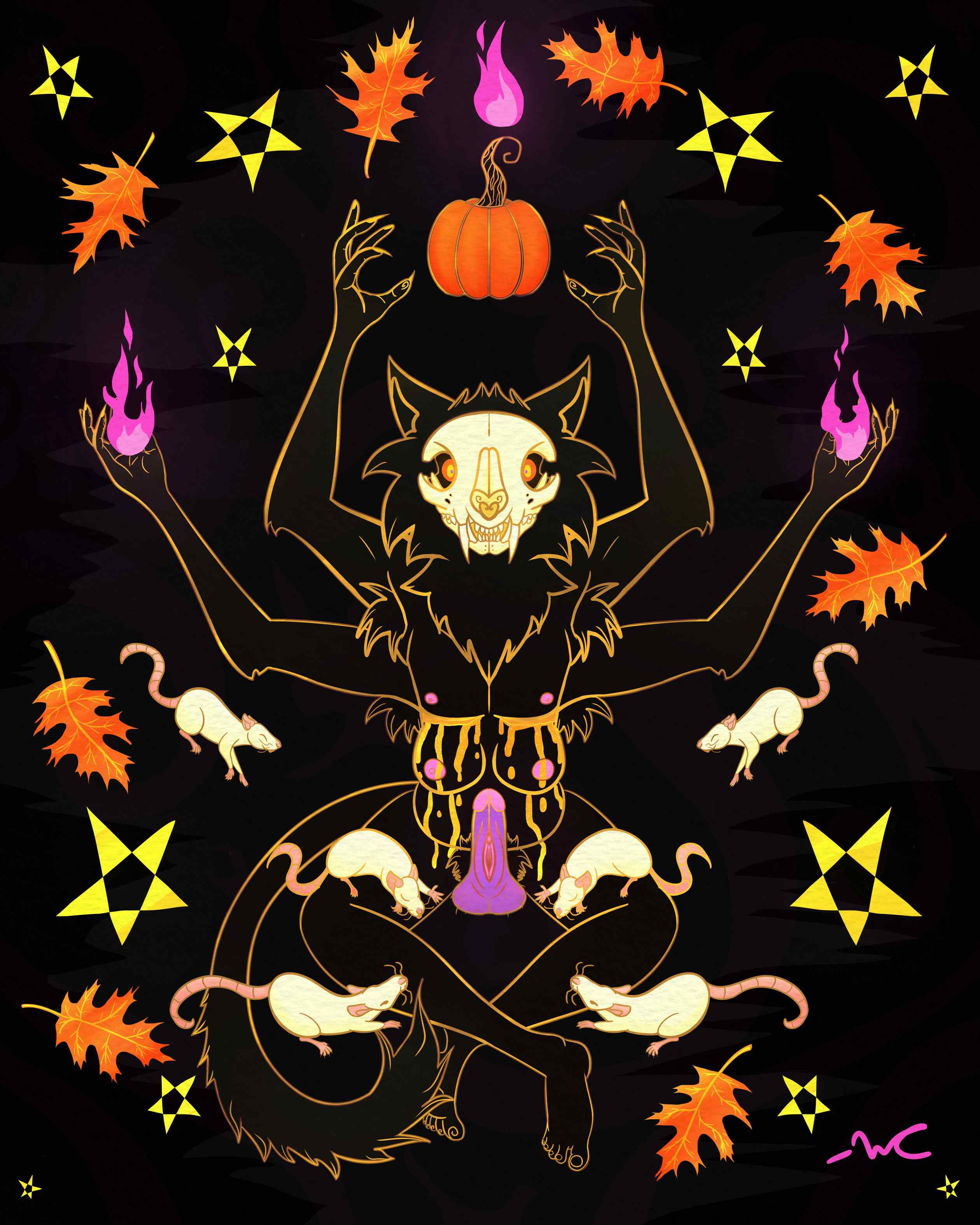 A hermpaphroditic feline-like deity with a skull face. They have four arms, and are holding purple flames. Above their head is a pumpkin. They are being worshipped by white rats, and they're surrounded by autumn leaves and stars.